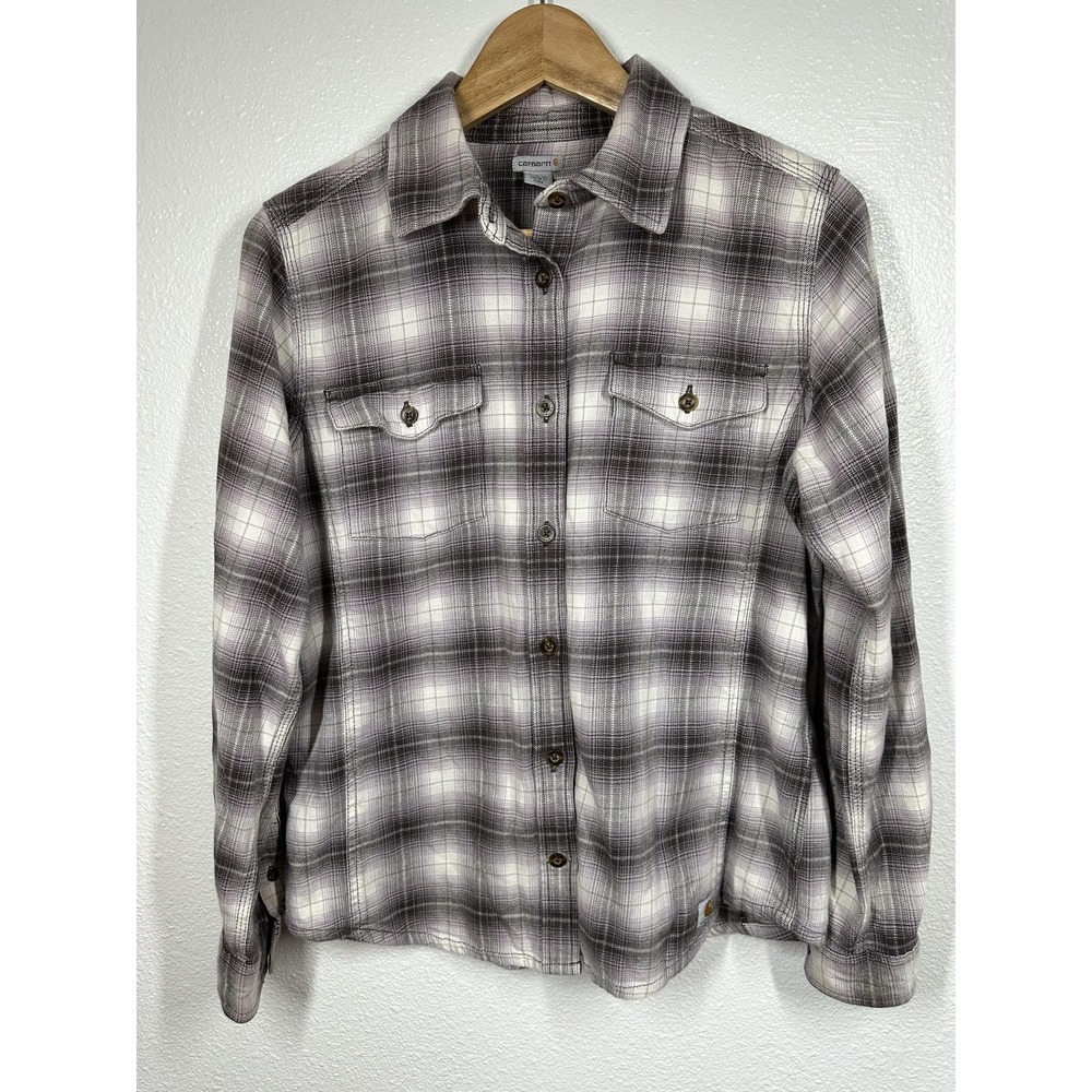 Carhartt Shirt Womens Medium Gray Black White Plaid Flannel Button‎ Up Workwear